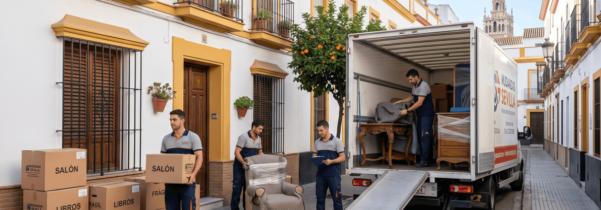Equipo profesional preparando una mudanza en Sevilla con cajas etiquetadas y muebles protegidos