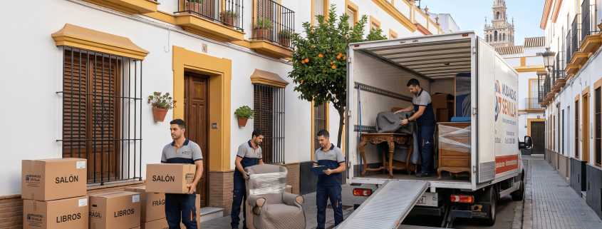 Equipo profesional preparando una mudanza en Sevilla con cajas etiquetadas y muebles protegidos